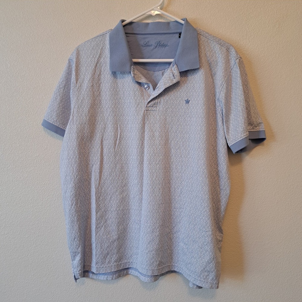 Louis Philippe Mens Light Blue Geometric Cotton Polo Shirt XL Regular Fit Crown